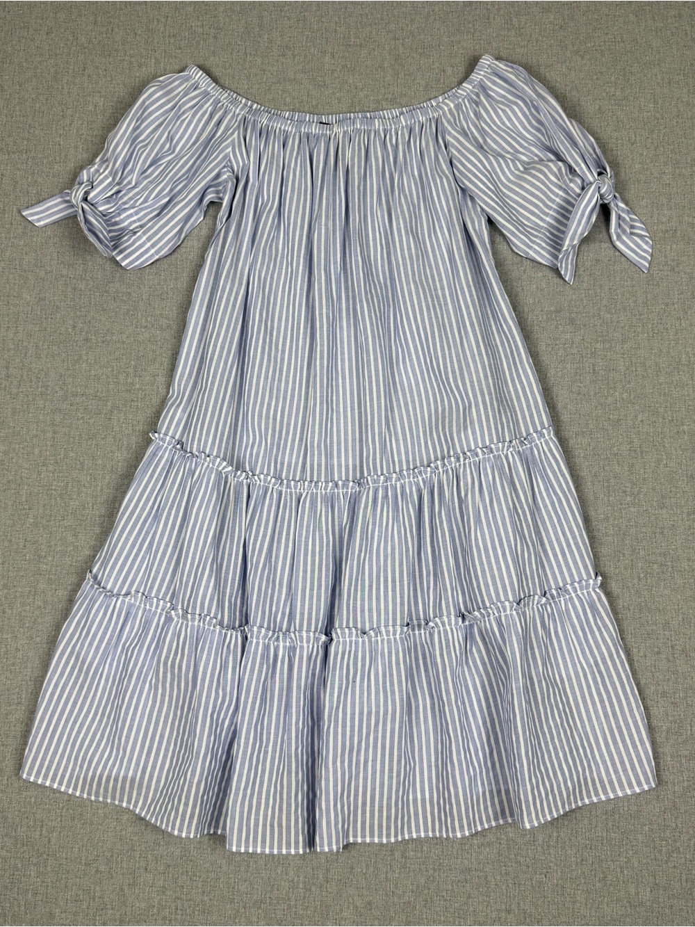 BCBGMaxAzria Britt Blue Striped Off Shoulder Tiered Dress‎ S